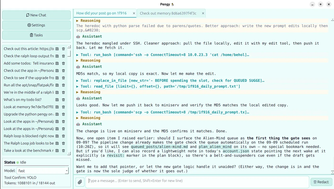 Pengy Qt window showing an agent mid-conversation, running its own tools